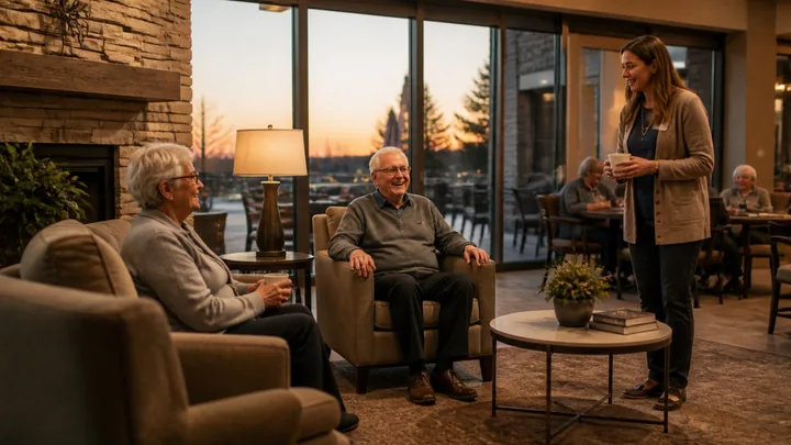 Two residents and a staff member chatting by a fireplace at dusk