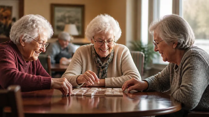 Three women playing a tile game together at a table