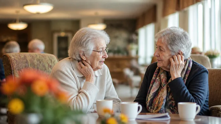 Two women in close conversation with coffee cups, flowers blurred nearby