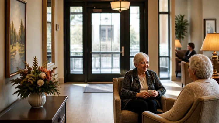 Two women chatting near the glass entrance doors, one holding coffee