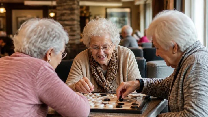 Three women playing checkers together at a table