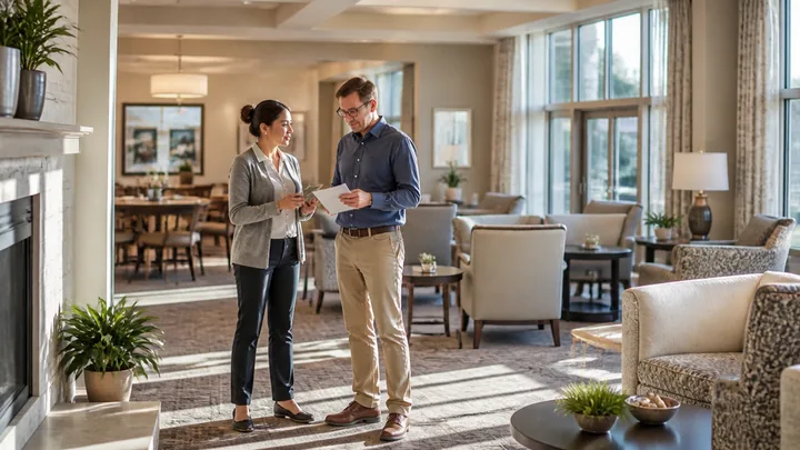 Two colleagues conferring at a distance in a sunlit common room