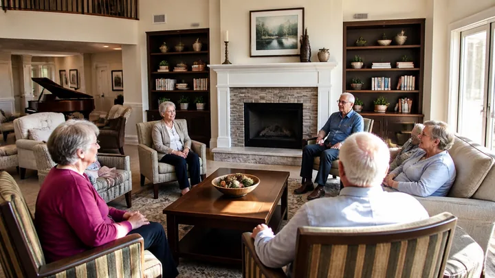 Residents gathered around a coffee table near a fireplace and piano
