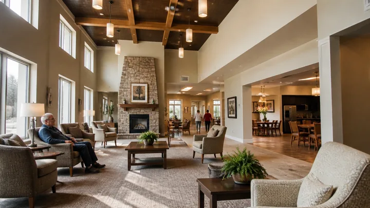 Tall lounge with a fireplace, a walkway leading to the dining room