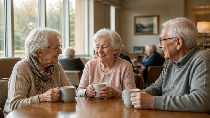 Three residents seated together, each holding a cup of coffee
