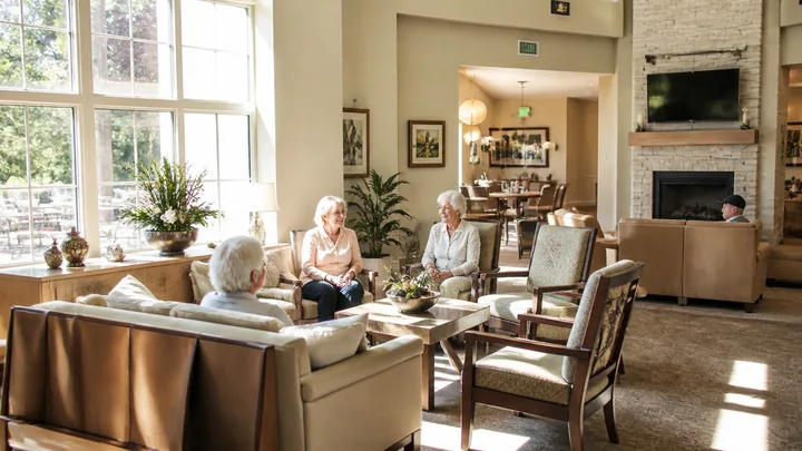 Residents sitting together in a sunlit lounge near a stone fireplace