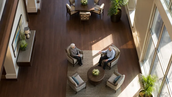 A senior living common space with room to move