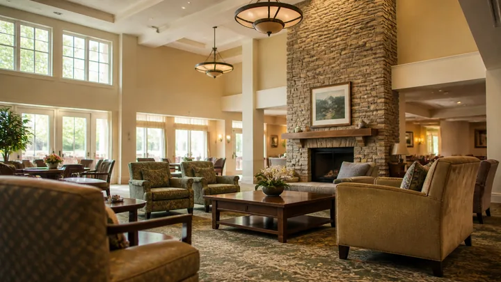 Spacious lounge with a stone fireplace and armchairs beneath tall windows