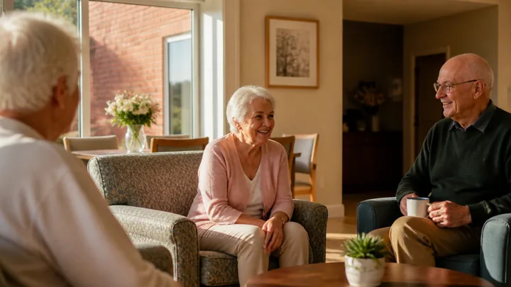 Three residents chatting in armchairs beside a sunlit window