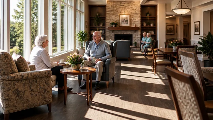A man and woman chatting near tall windows in a sunlit lounge