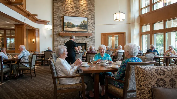 Low-angle view of a dining room set for the late-afternoon meal