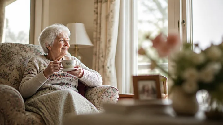 A woman relaxing in an armchair with tea by a sunlit window