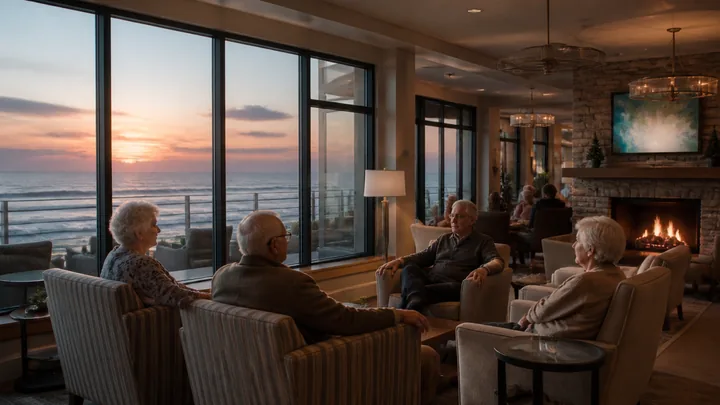 Four residents chatting by windows overlooking an ocean sunset