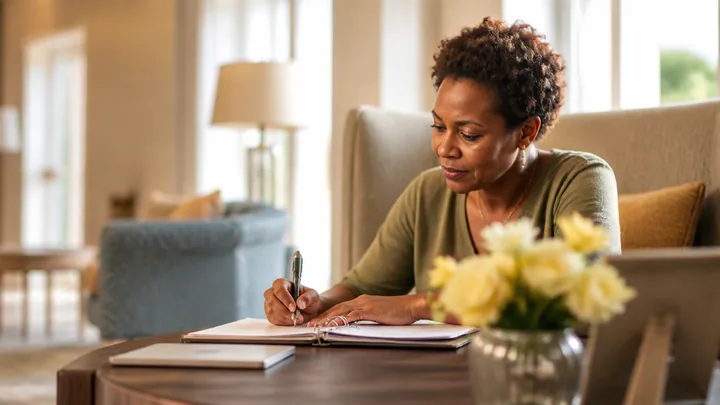 A staff member writing in a notebook at a table indoors