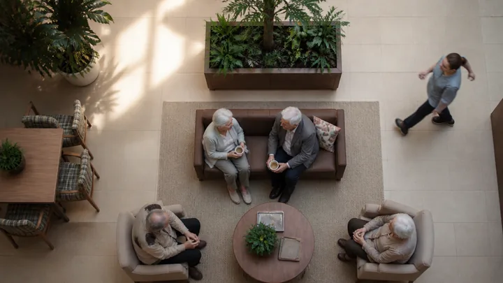 Overhead view of a common room laid out for easy staff sightlines