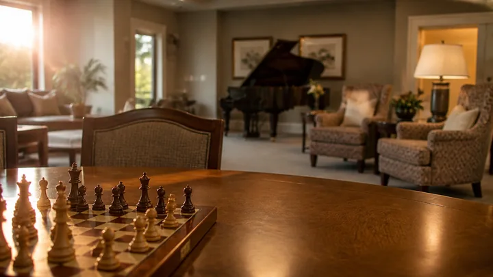 A chess set on a table with a piano and living room beyond