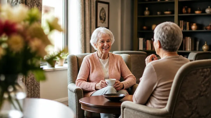 Two women in armchairs chatting near a bookshelf, flowers in front