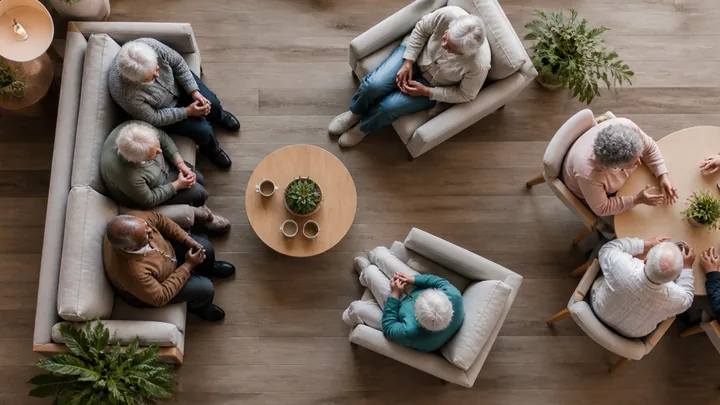 Overhead view of residents seated together in a living room lounge