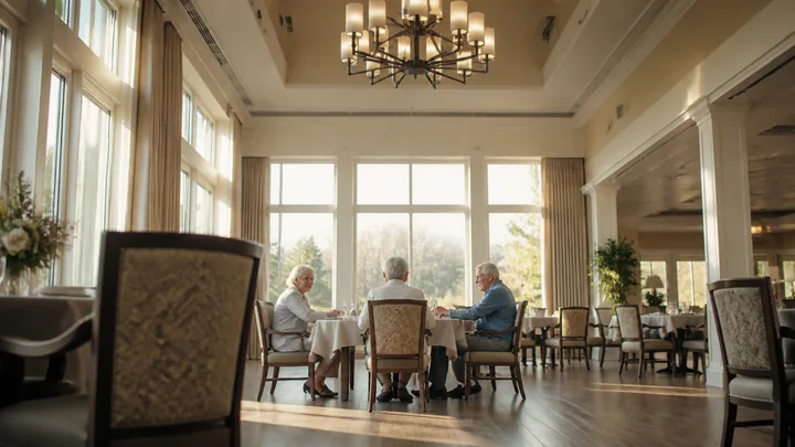 Three residents dining together with bright window light behind them