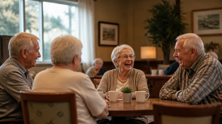 Four residents laughing together at a dining table with coffee