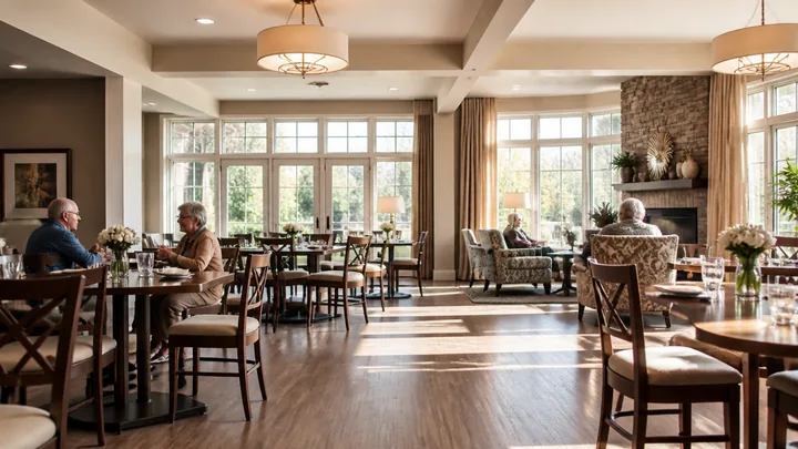 Wide view of a dining room lit differently for the morning meal