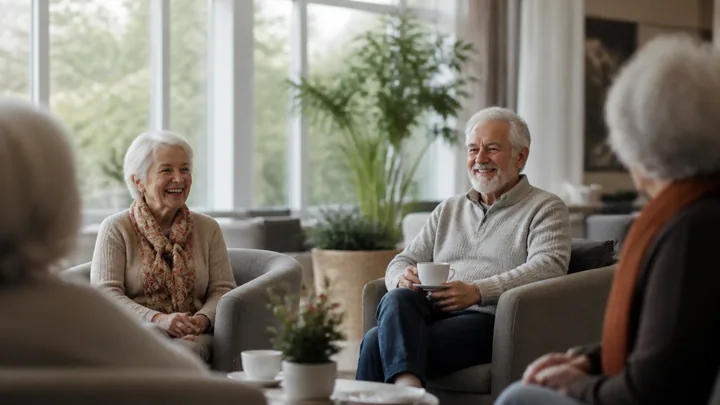 Residents laughing together in a bright lounge with a large plant