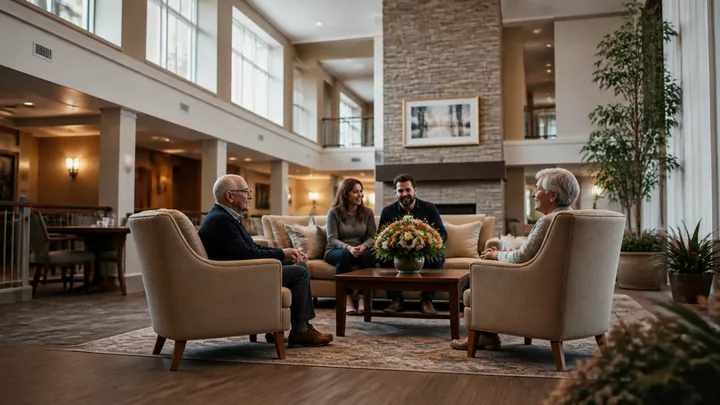 A family of four gathered around a flower-topped table in a lounge