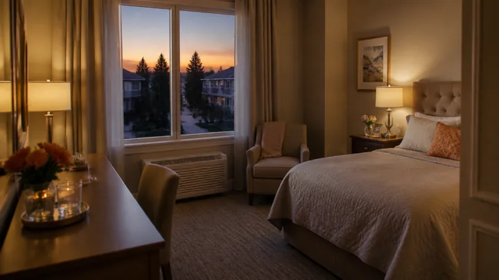 A guest suite bedroom glowing warmly at dusk with a made bed