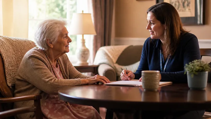 An older woman and a younger woman talking at a table with paperwork