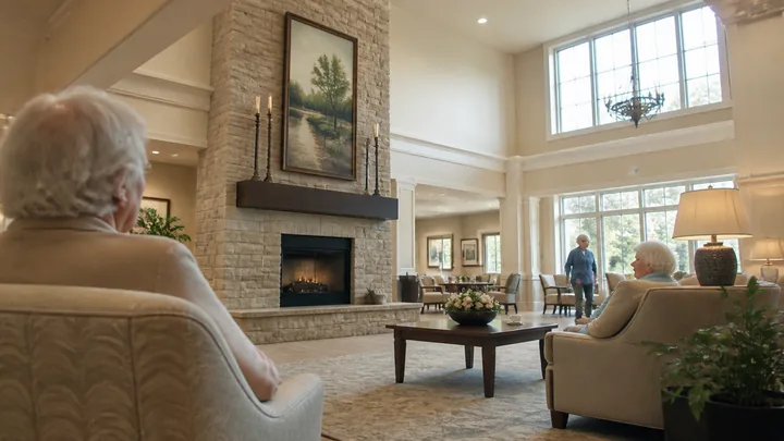 Sunlit lounge with a stone fireplace, residents seated and walking through