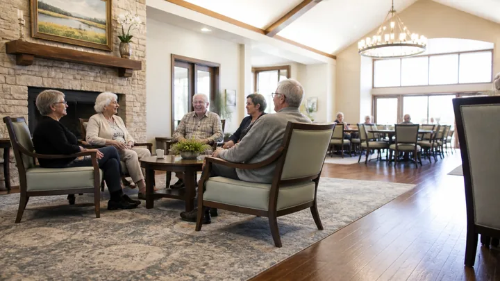 Five residents chatting together in armchairs near a stone fireplace