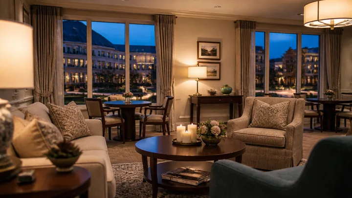 Patterned lounge chairs, sofa and coffee table beside tall windows at dusk