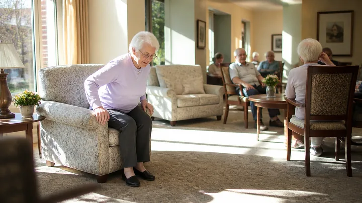 Older woman leaning forward with both hands on an upholstered chair's arms