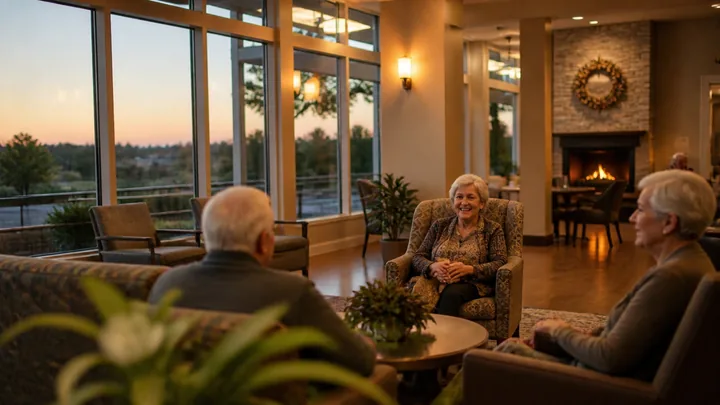 Three residents chatting in a lounge at dusk near a fireplace