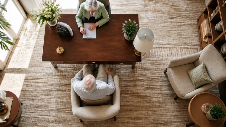 Overhead view of a low, open desk styled like household furniture