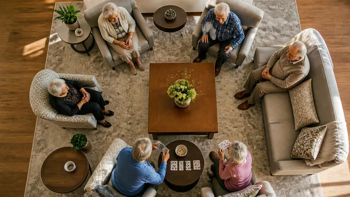 Overhead view of six residents relaxing and playing cards together