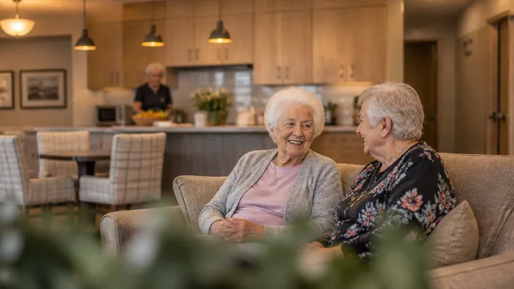 Two women laughing on a couch near an open kitchen behind them