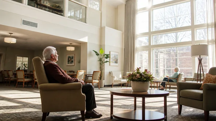 A man sitting alone in an armchair near tall sunlit windows