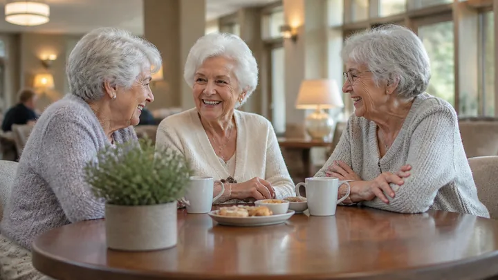 Three women laughing together at an indoor table with coffee