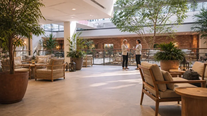 Two colleagues conferring on a shared upper-floor terrace