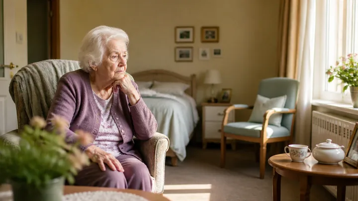 Older woman seated beside a small table in a bedroom with another chair