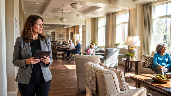 A staff member holding a tablet walking through a sunlit lounge