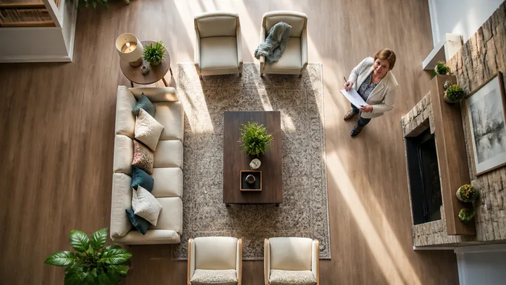 Overhead view of a woman with papers beside a living room seating area